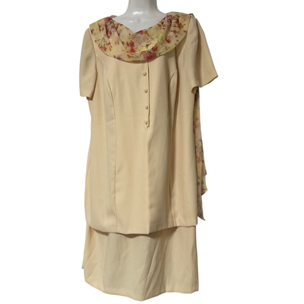 Megan‎ Lee Butter Yellow Dress SZ 20W Floral Scarf Chic Feminine Career